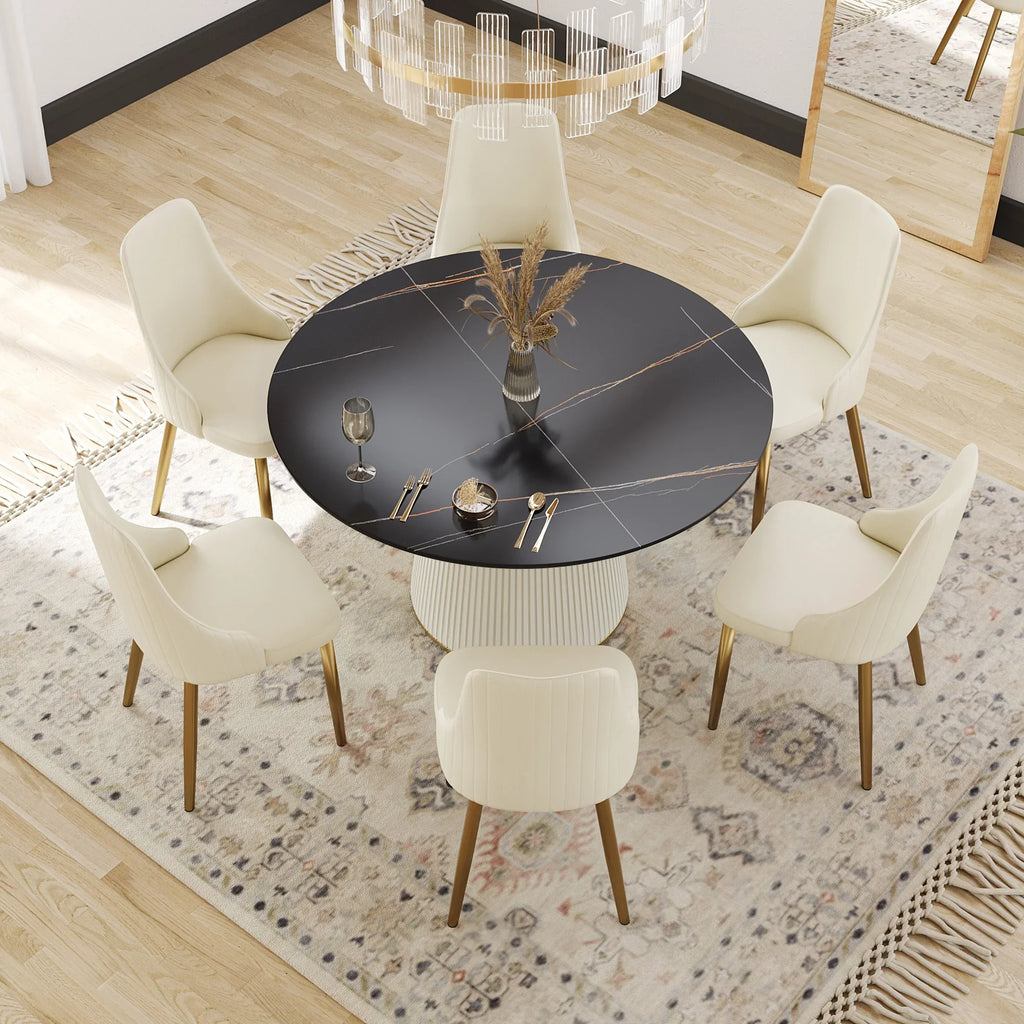 Marbella Sintered Stone Dining Table | 53" Matte Black Round With Leather-Covered Base