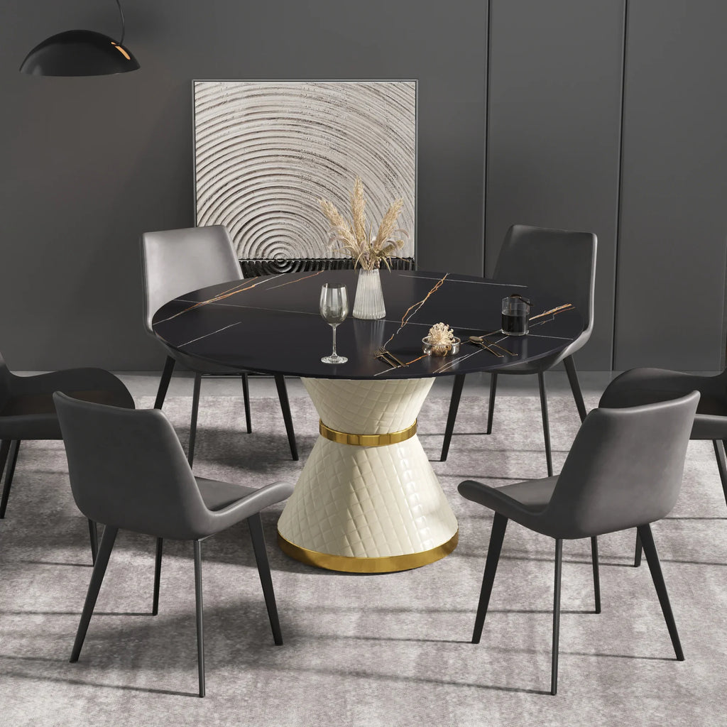 Marbella Sintered Stone Dining Table | 53" Matte Black Round With Leather-Covered Base