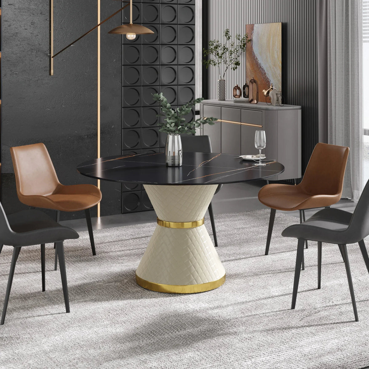 Marbella Sintered Stone Dining Table | 53" Matte Black Round With Leather-Covered Base