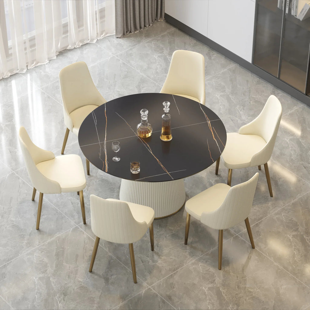Marbella Sintered Stone Dining Table | 53" Matte Black Round With Leather-Covered Base