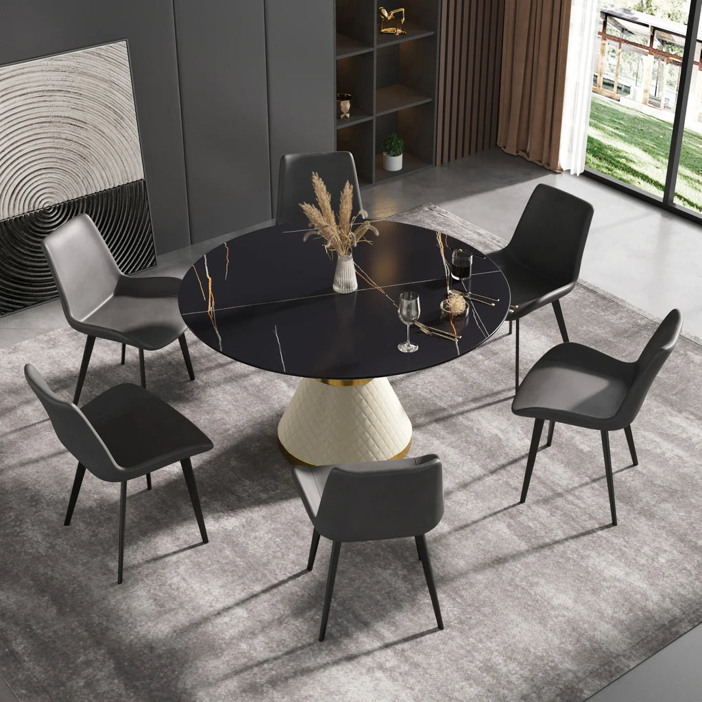 Marbella Sintered Stone Dining Table | 53" Matte Black Round With Leather-Covered Base