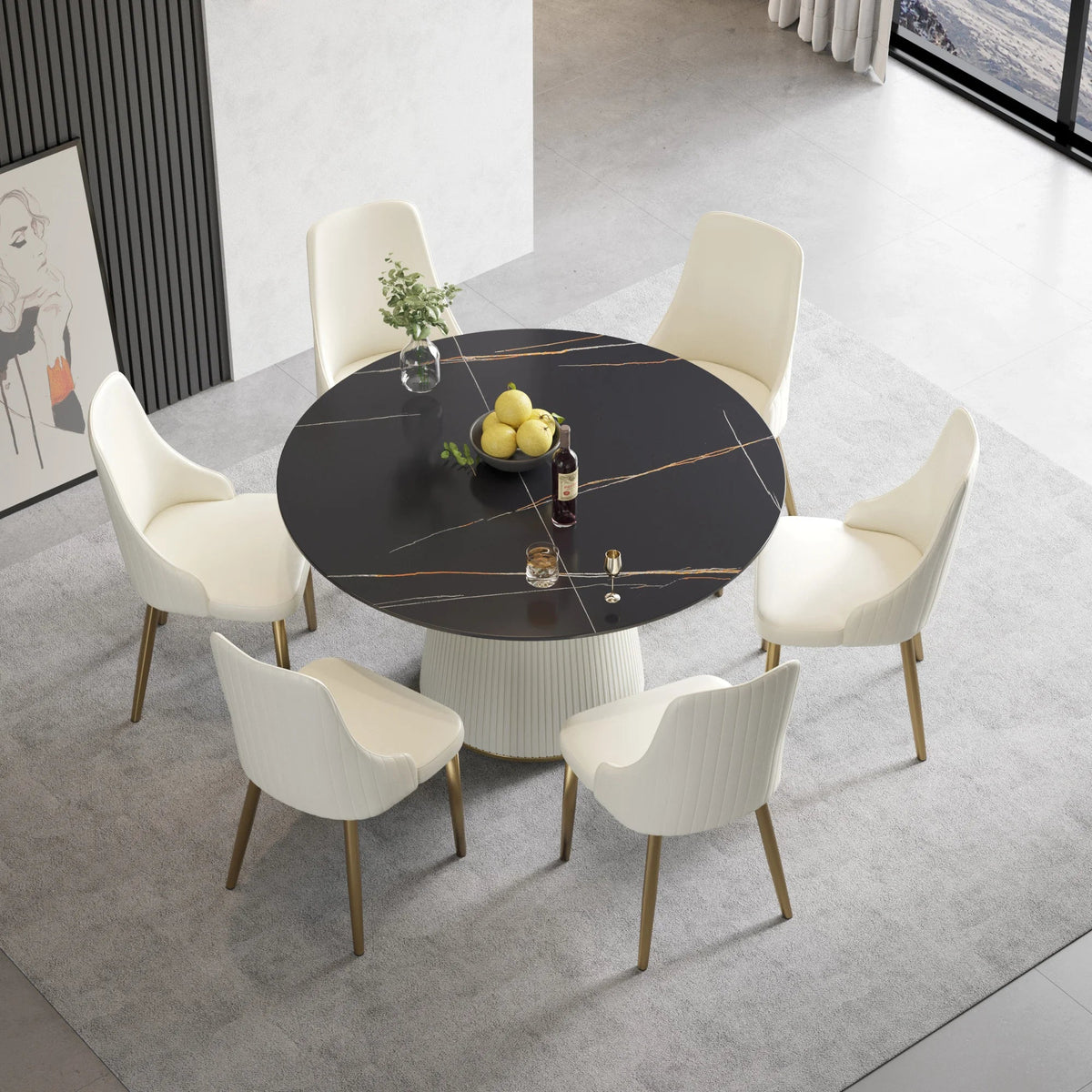 Marbella Sintered Stone Dining Table | 53" Matte Black Round With Leather-Covered Base