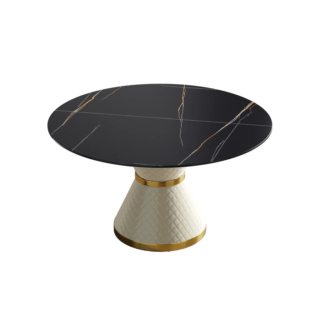 Marbella Sintered Stone Dining Table | 53" Matte Black Round With Leather-Covered Base