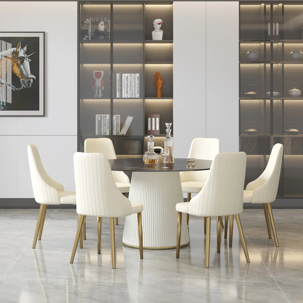 Marbella Sintered Stone Dining Table | 53" Matte Black Round With Leather-Covered Base