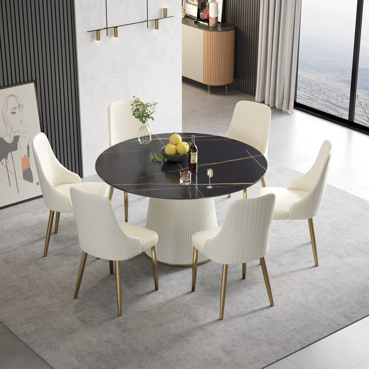 Marbella Sintered Stone Dining Table | 53" Matte Black Round With Leather-Covered Base