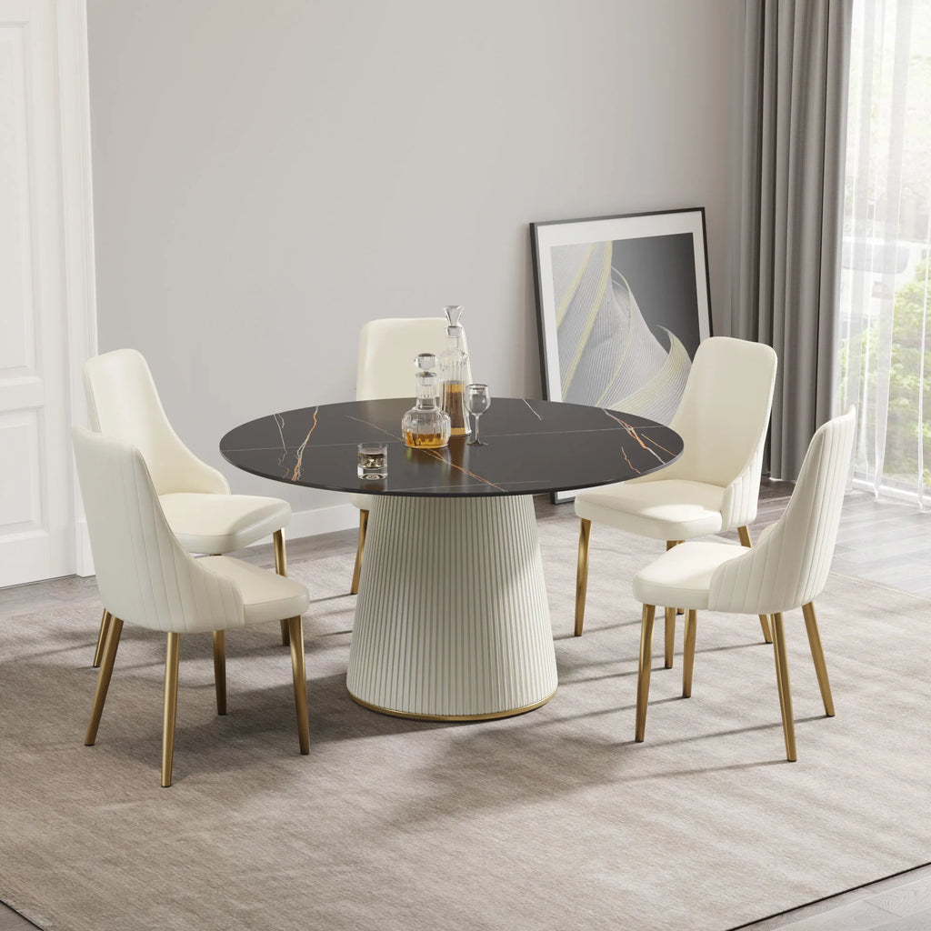 Marbella Sintered Stone Dining Table | 53" Matte Black Round With Leather-Covered Base