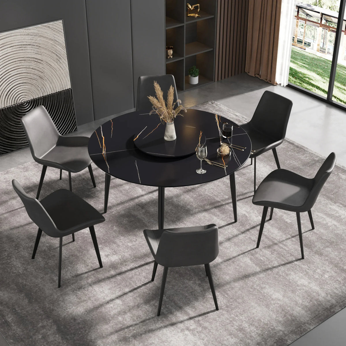 Marbella Sintered Stone Dining Table | 53" Matte Black Round With Metal Base & Lazy Susan