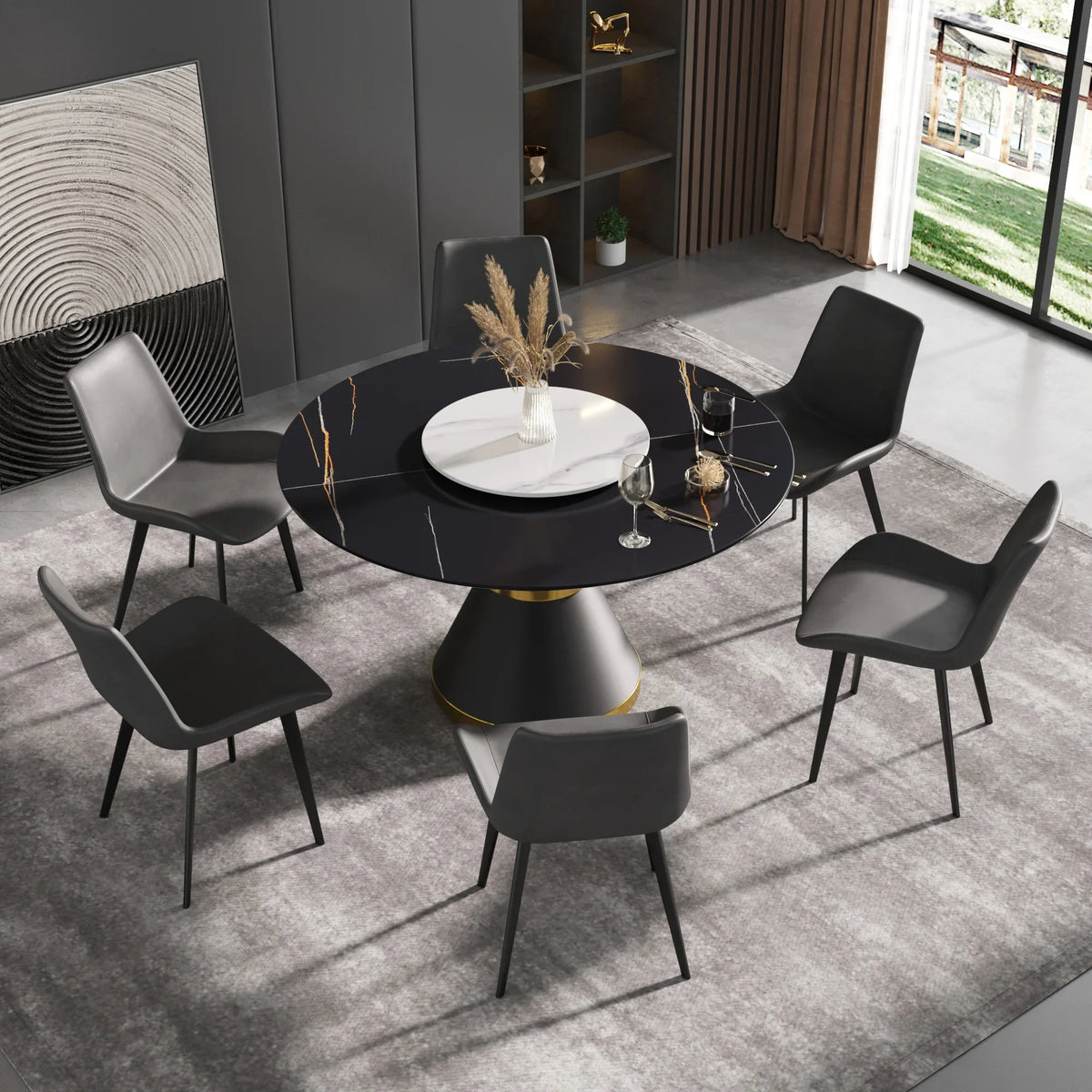 Marbella Sintered Stone Dining Table | 53" Matte Black Round With Metal Base & Lazy Susan