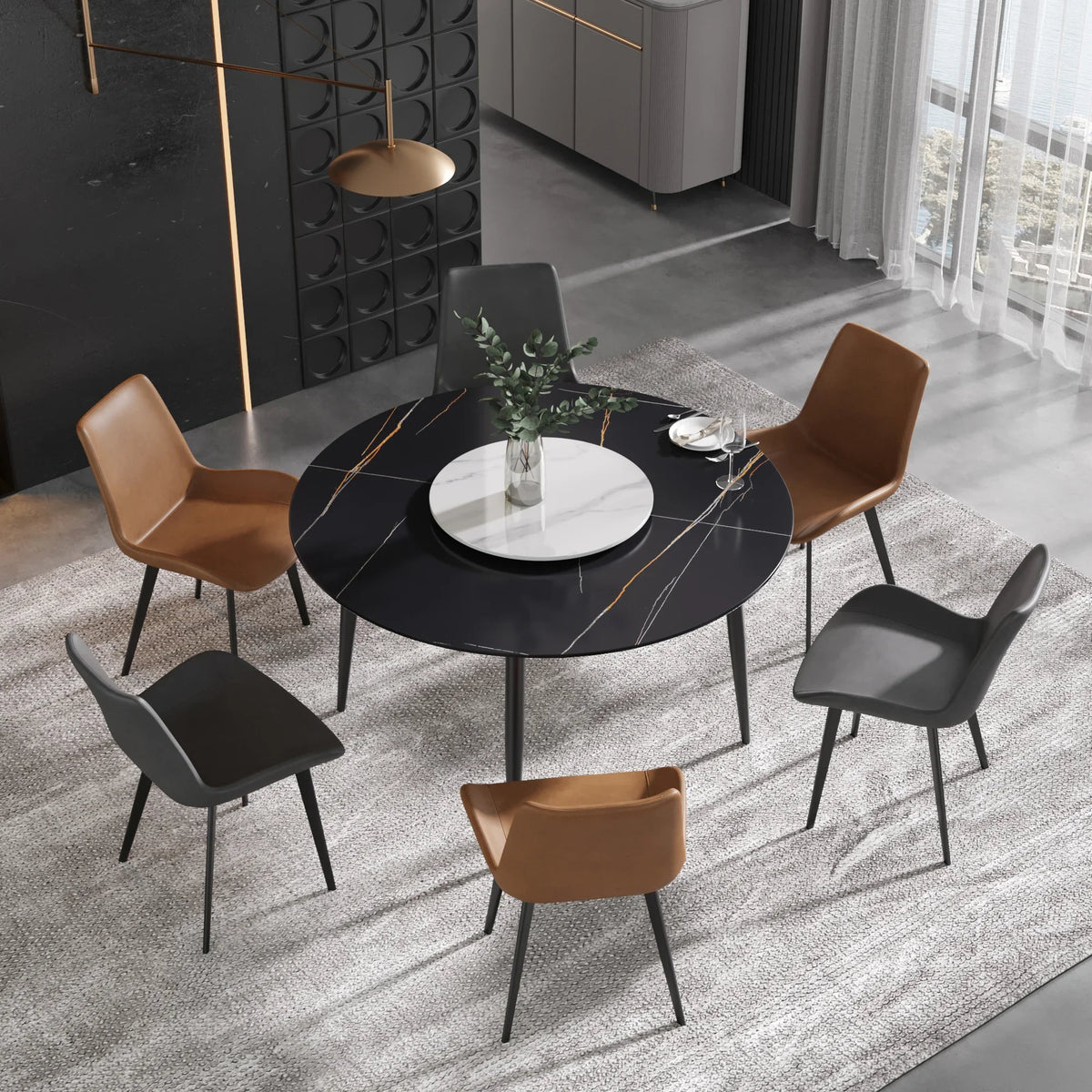 Marbella Sintered Stone Dining Table | 53" Matte Black Round With Metal Base & Lazy Susan