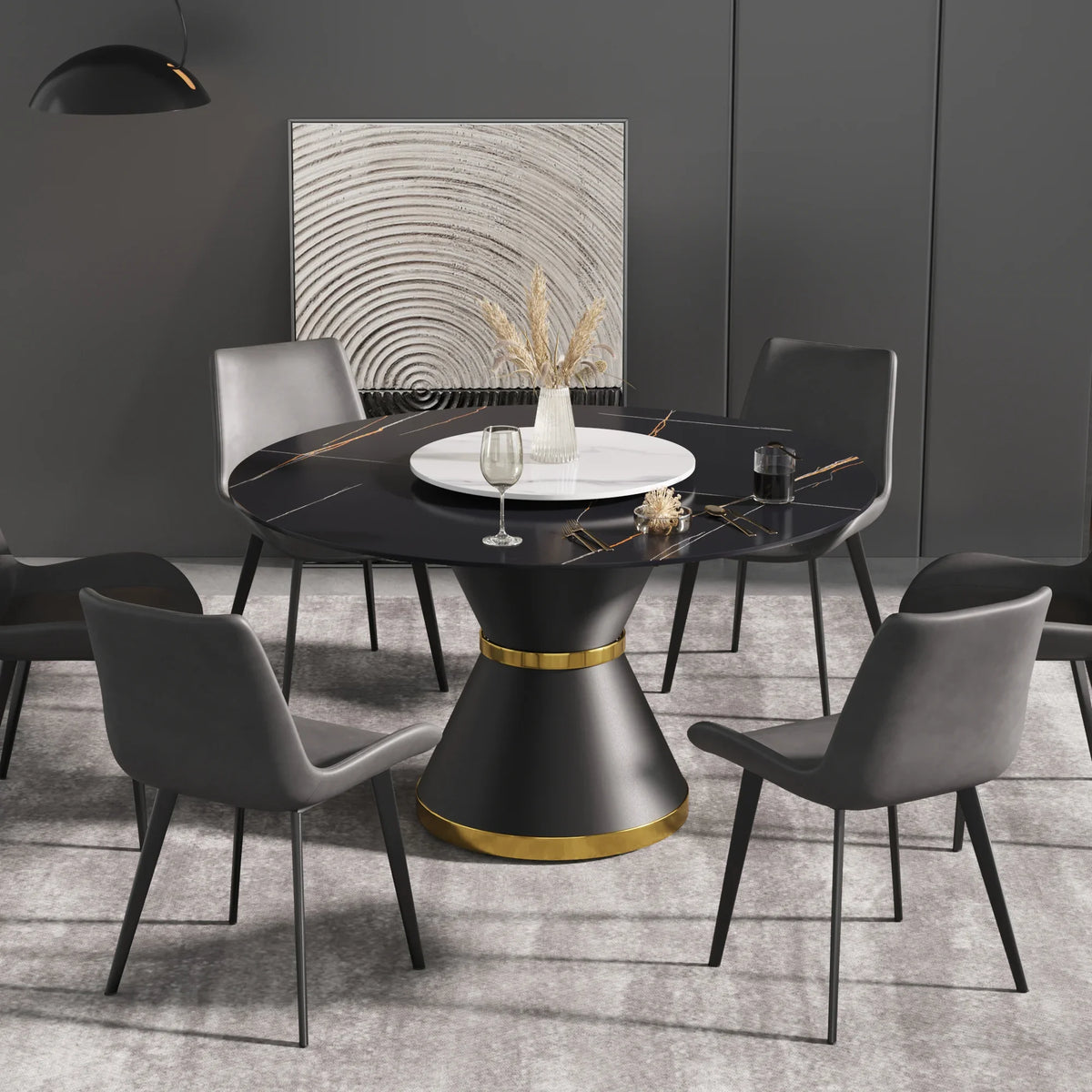 Marbella Sintered Stone Dining Table | 53" Matte Black Round With Metal Base & Lazy Susan