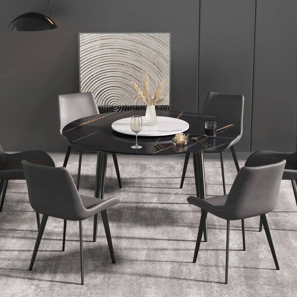 Marbella Sintered Stone Dining Table | 53" Matte Black Round With Metal Base & Lazy Susan