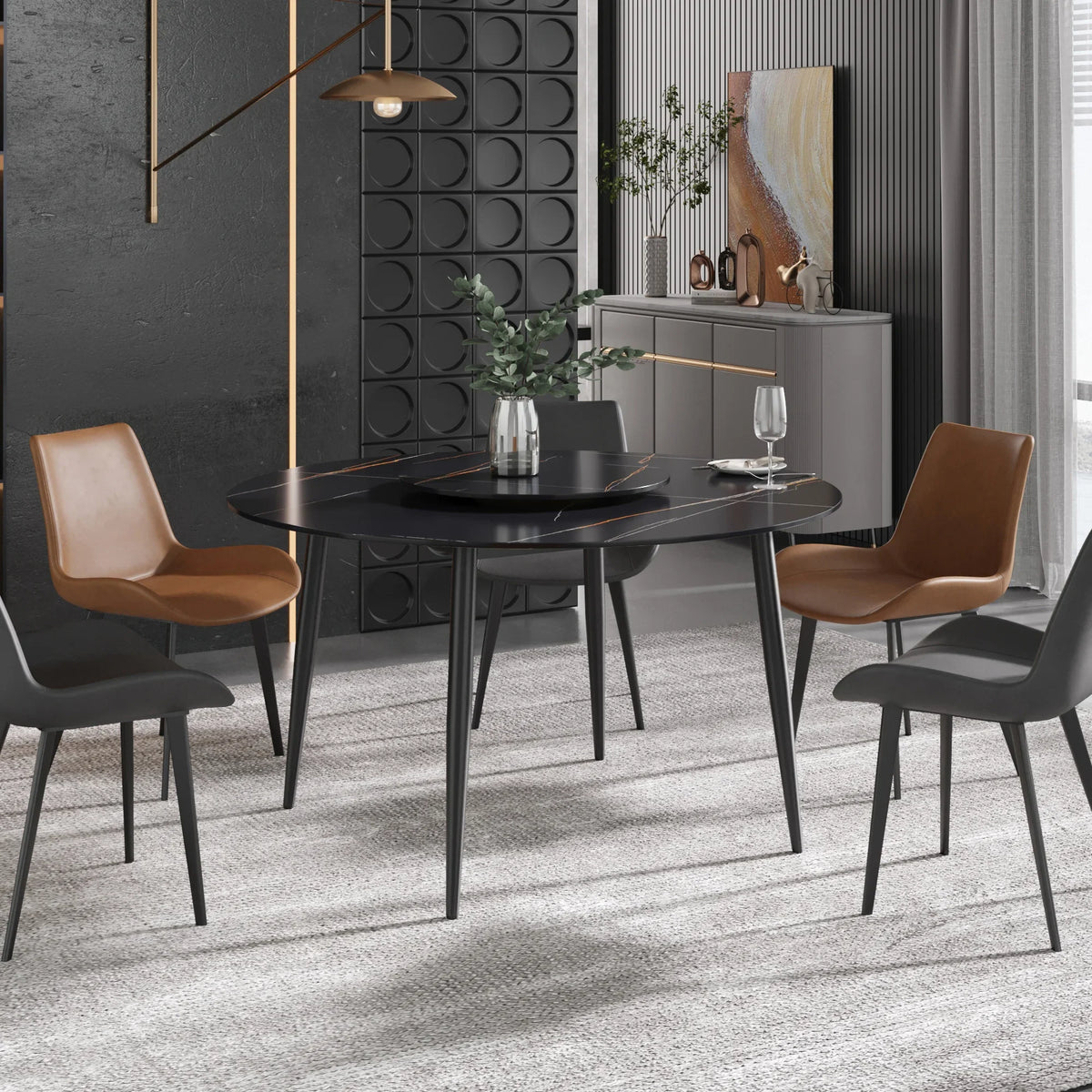 Marbella Sintered Stone Dining Table | 53" Matte Black Round With Metal Base & Lazy Susan