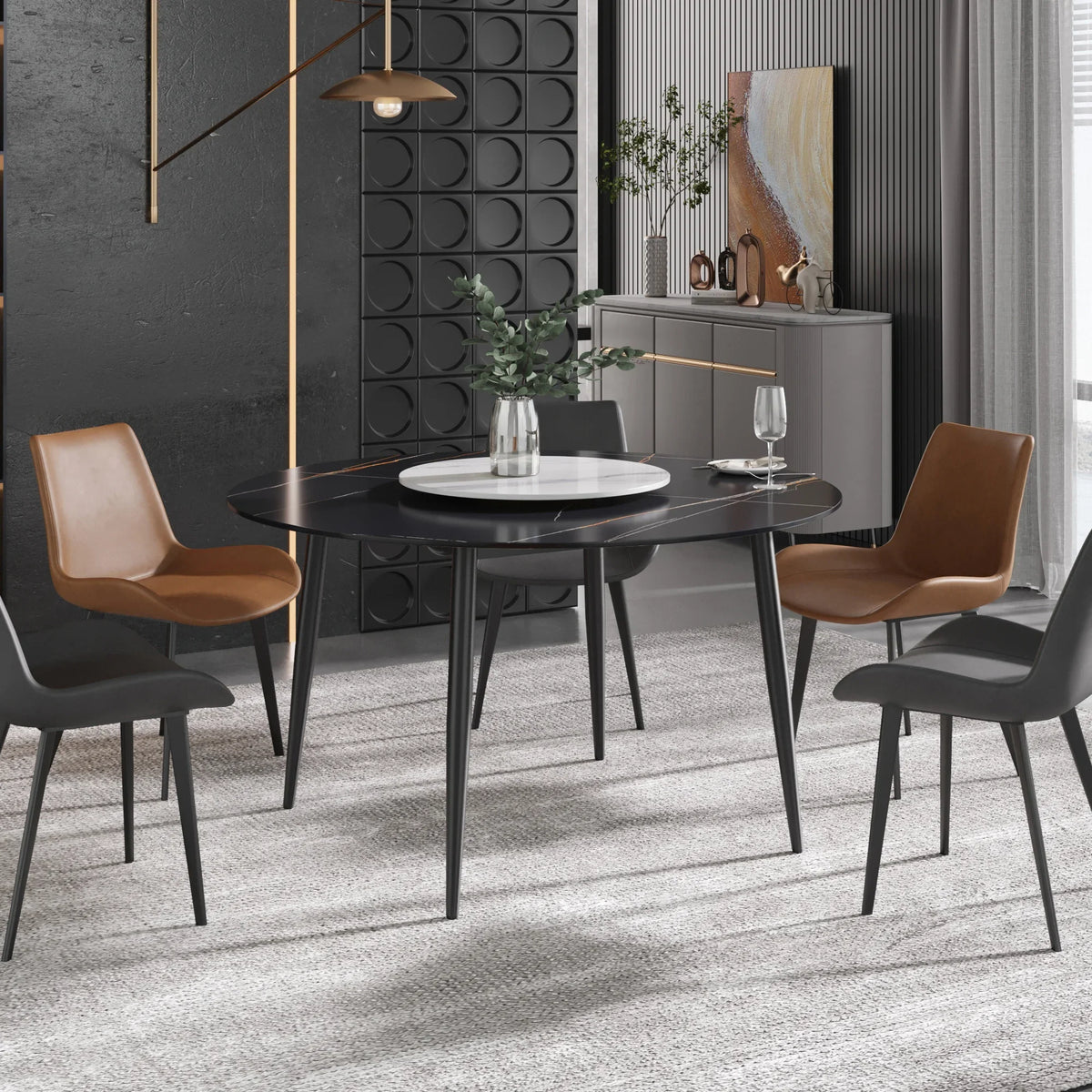Marbella Sintered Stone Dining Table | 53" Matte Black Round With Metal Base & Lazy Susan