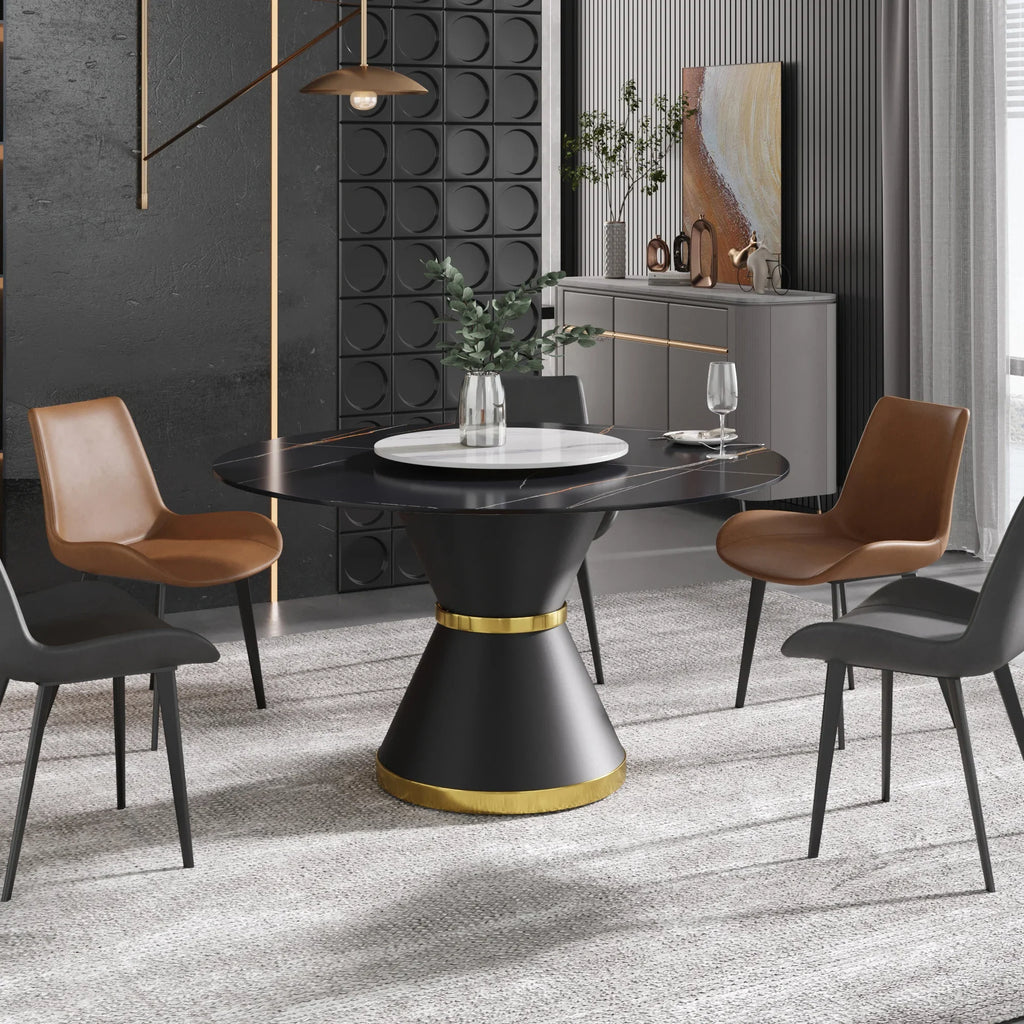 Marbella Sintered Stone Dining Table | 53" Matte Black Round With Metal Base & Lazy Susan