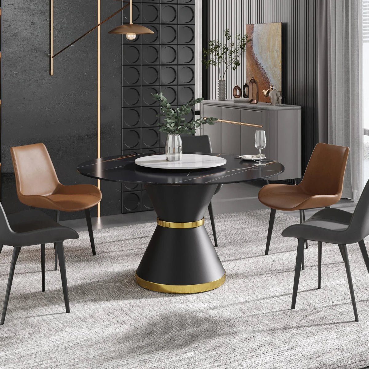 Marbella Sintered Stone Dining Table | 53" Matte Black Round With Metal Base & Lazy Susan