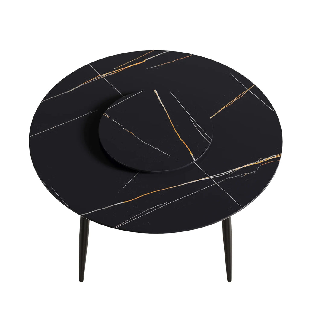 Marbella Sintered Stone Dining Table | 53" Matte Black Round With Metal Base & Lazy Susan