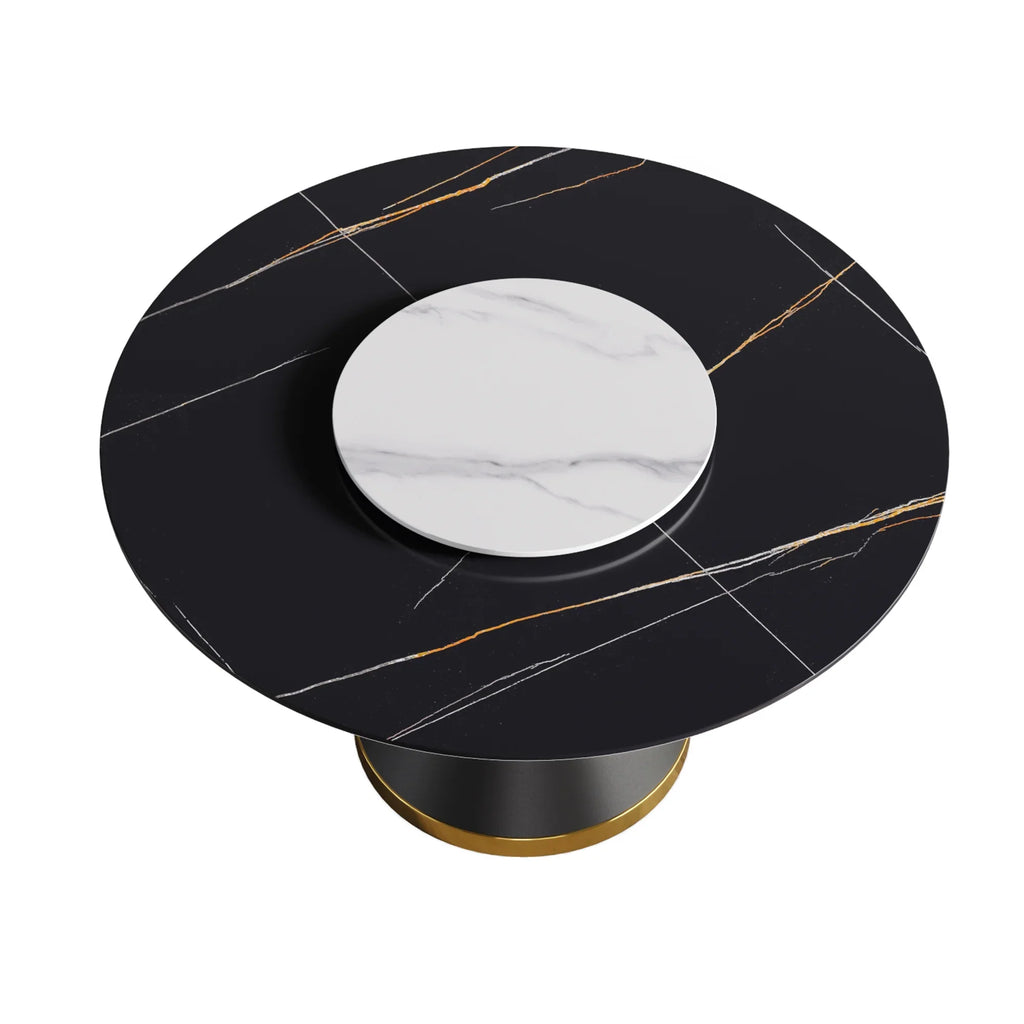 Marbella Sintered Stone Dining Table | 53" Matte Black Round With Metal Base & Lazy Susan