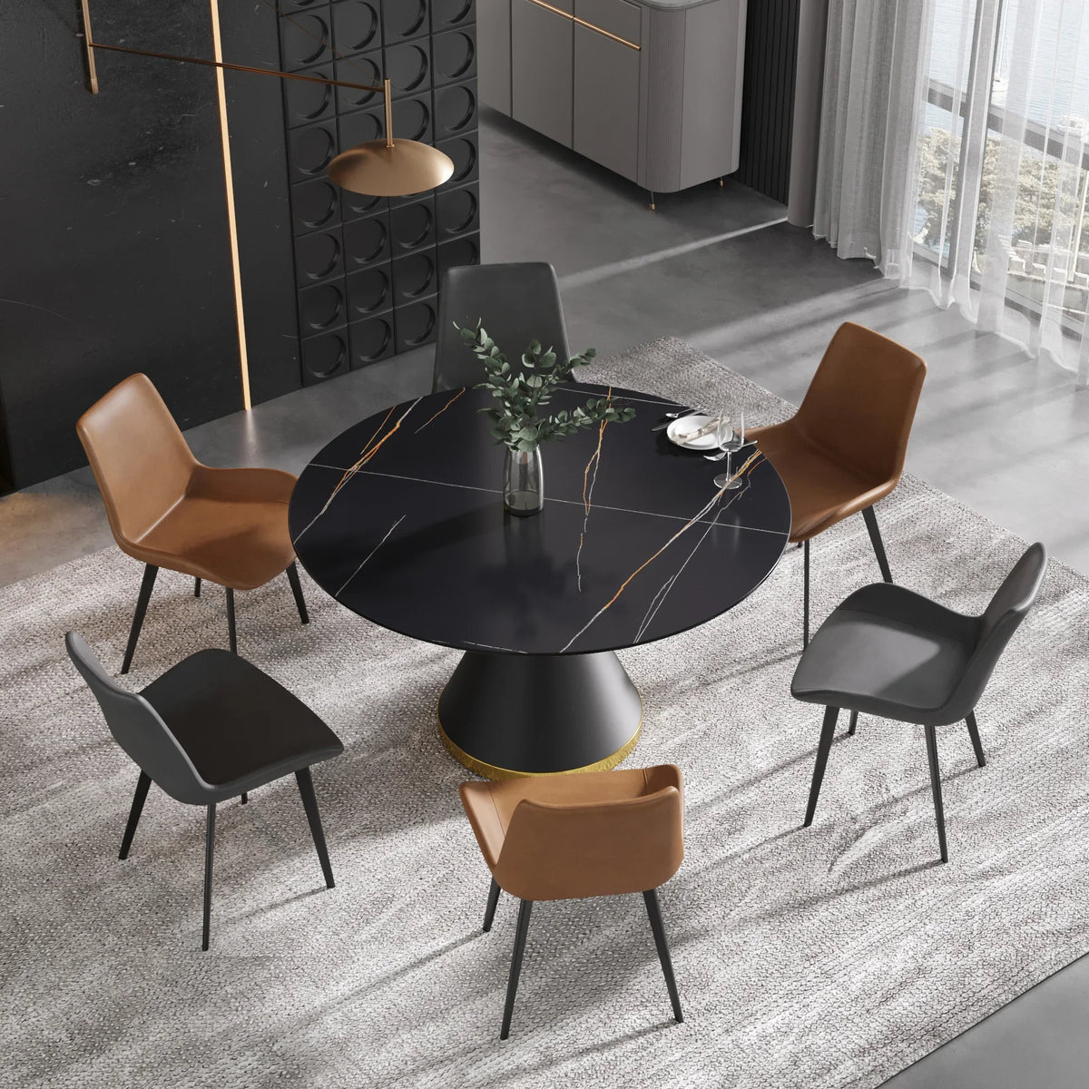 Marbella Sintered Stone Dining Table | 53" Matte Black Round With Metal Base