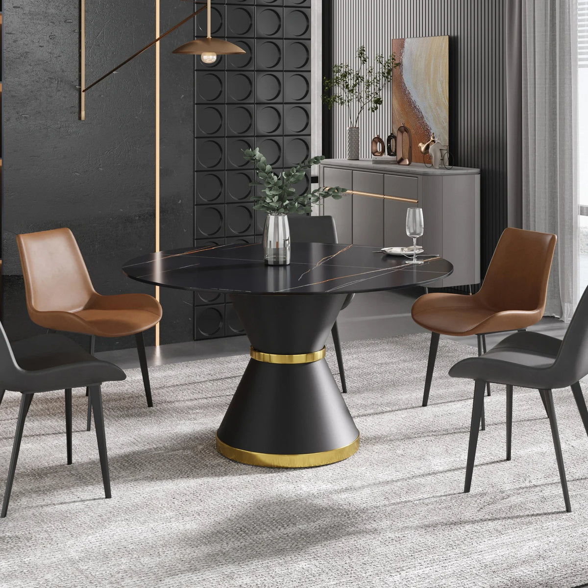 Marbella Sintered Stone Dining Table | 53" Matte Black Round With Metal Base
