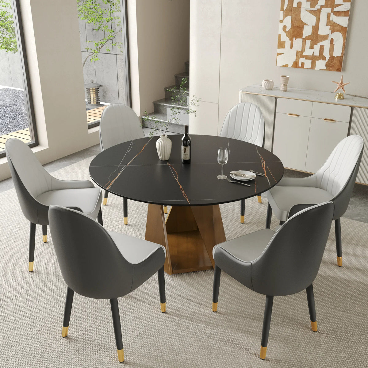 Marbella Sintered Stone Dining Table | 53" Matte Black Round With Metal Base