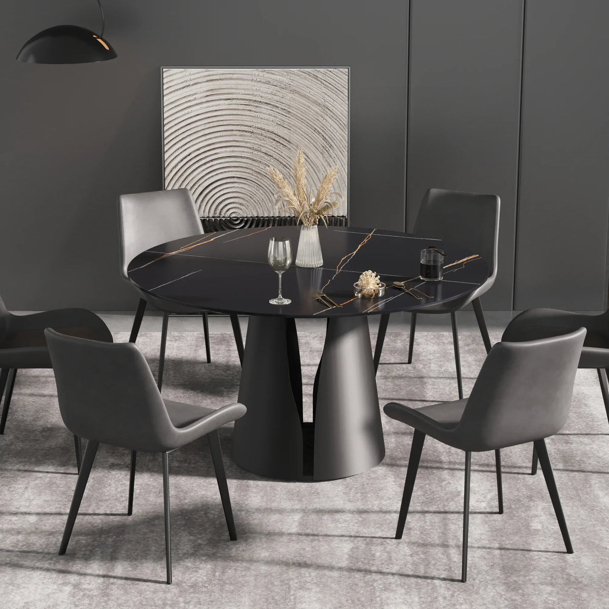 Marbella Sintered Stone Dining Table | 53" Matte Black Round With Metal Base