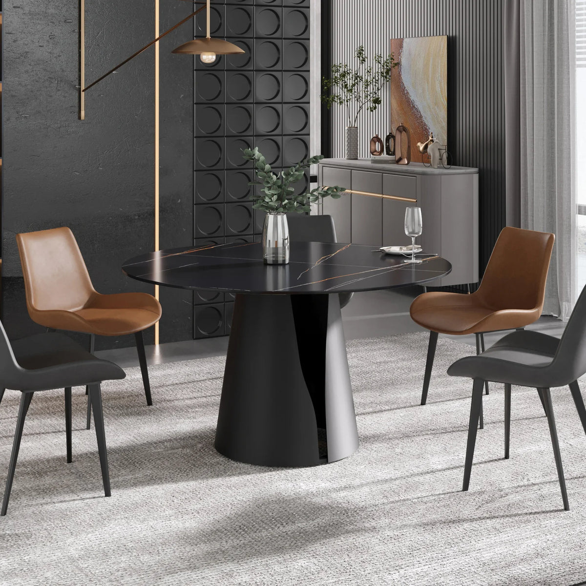 Marbella Sintered Stone Dining Table | 53" Matte Black Round With Metal Base