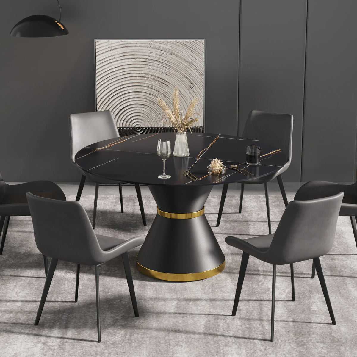 Marbella Sintered Stone Dining Table | 53" Matte Black Round With Metal Base