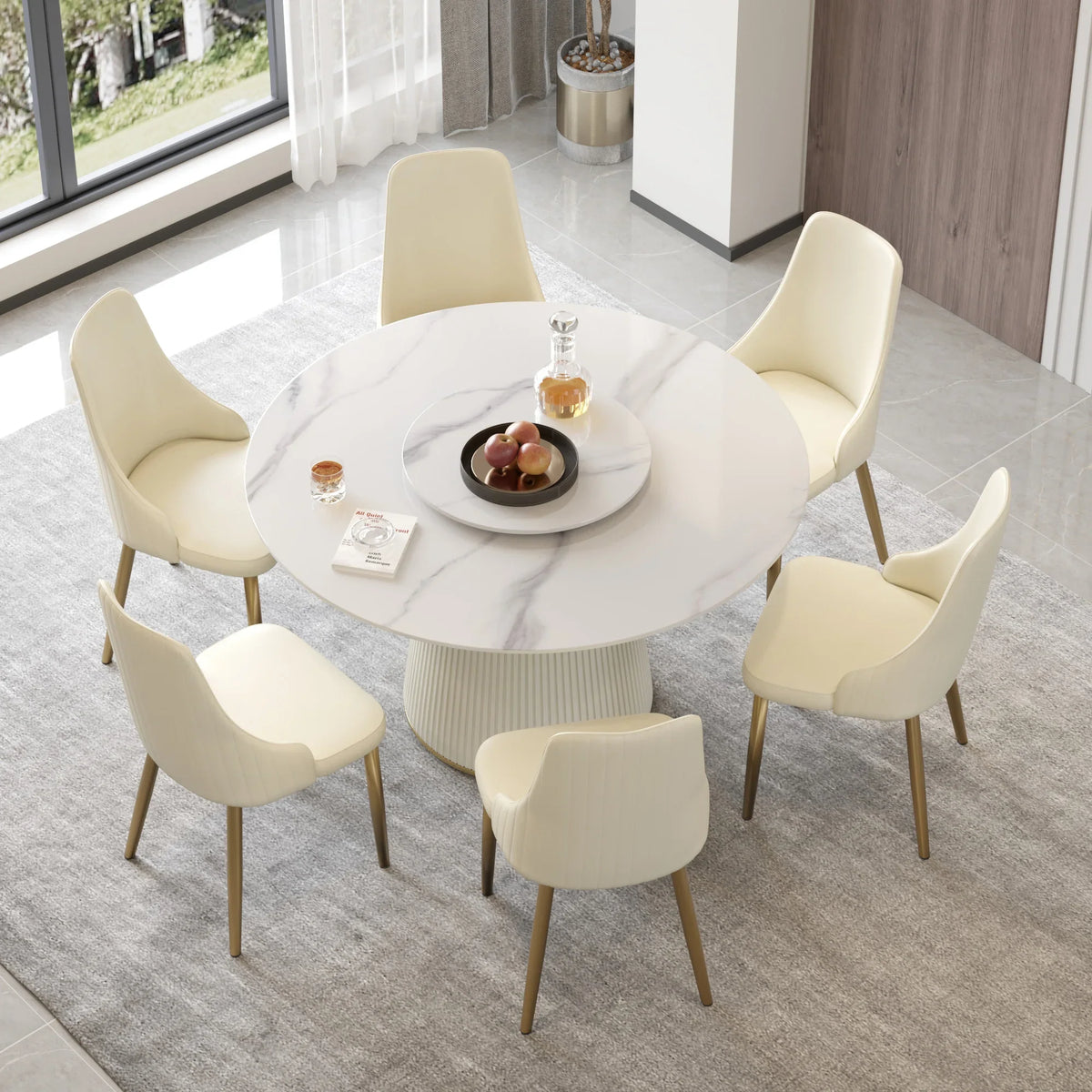 Marbella Sintered Stone Dining Table | 53" White Gloss Round With Lazy Susan Turntable
