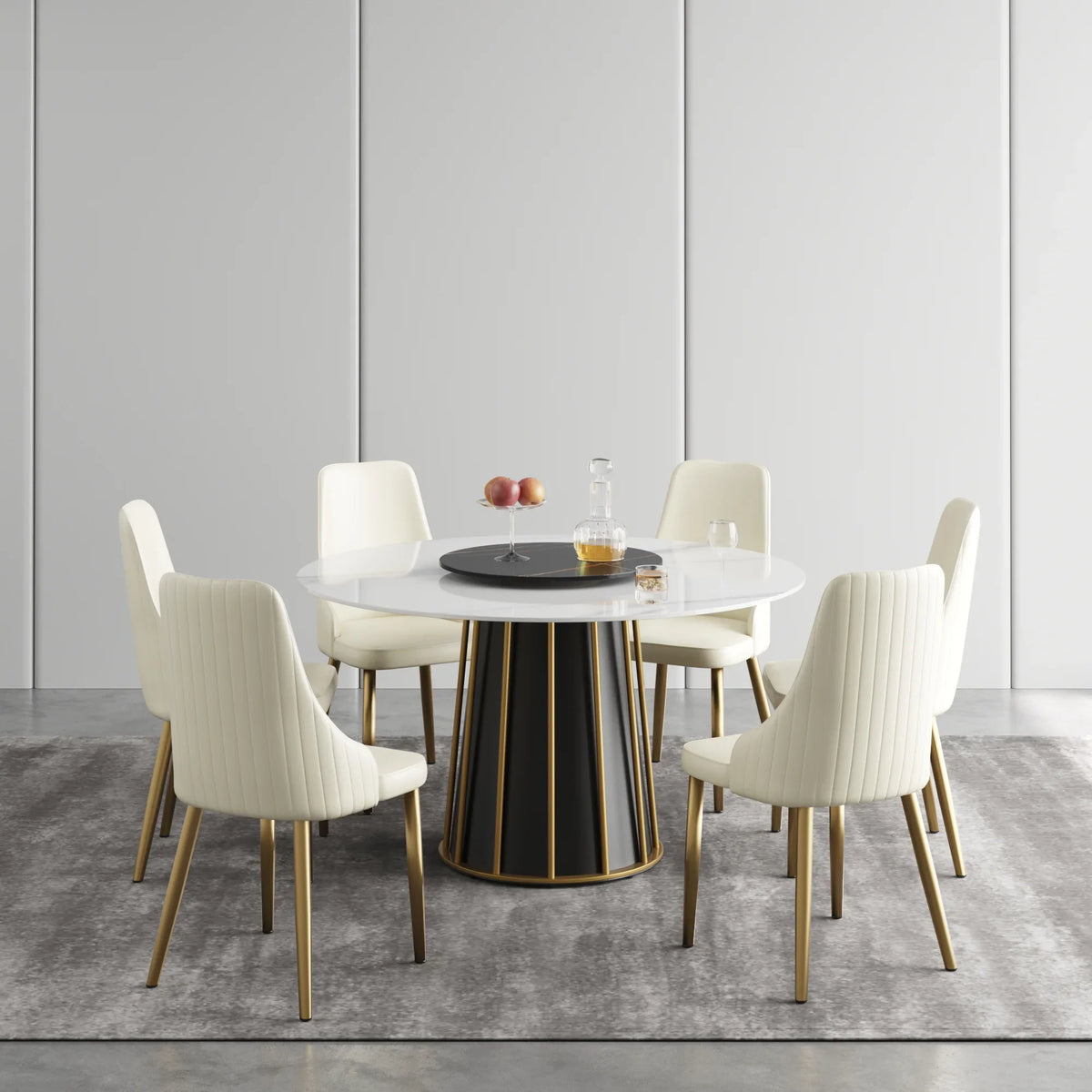 Marbella Sintered Stone Dining Table | 53" White Gloss Round With Lazy Susan Turntable