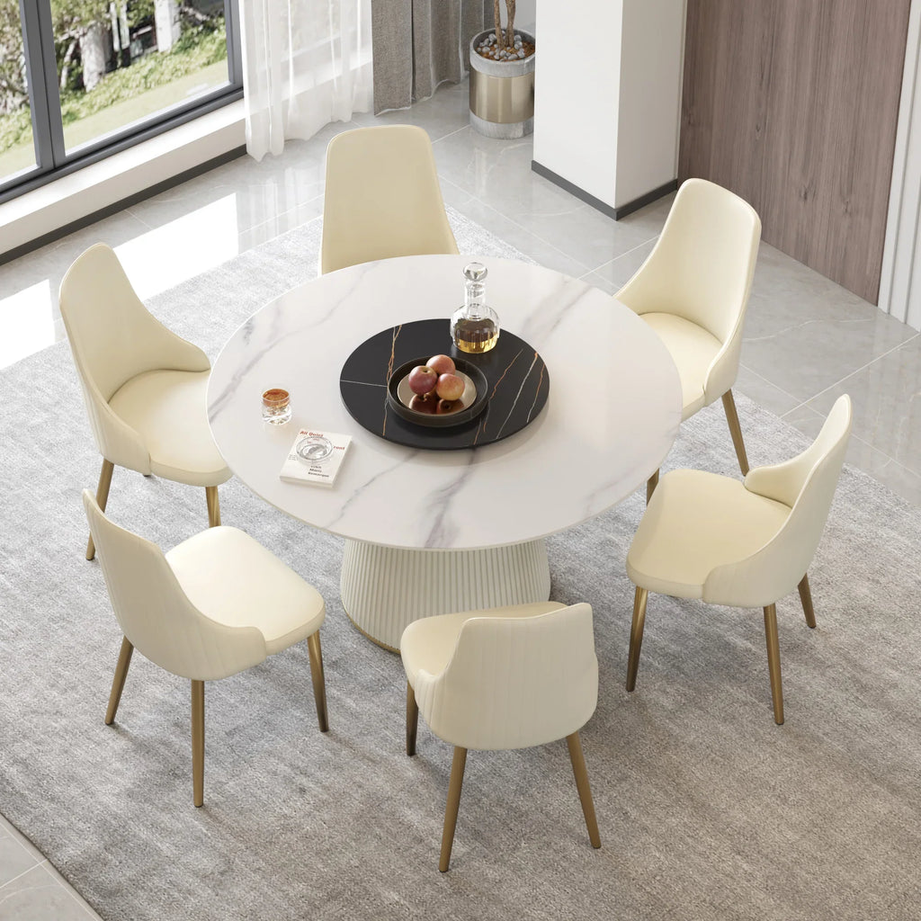 Marbella Sintered Stone Dining Table | 53" White Gloss Round With Lazy Susan Turntable