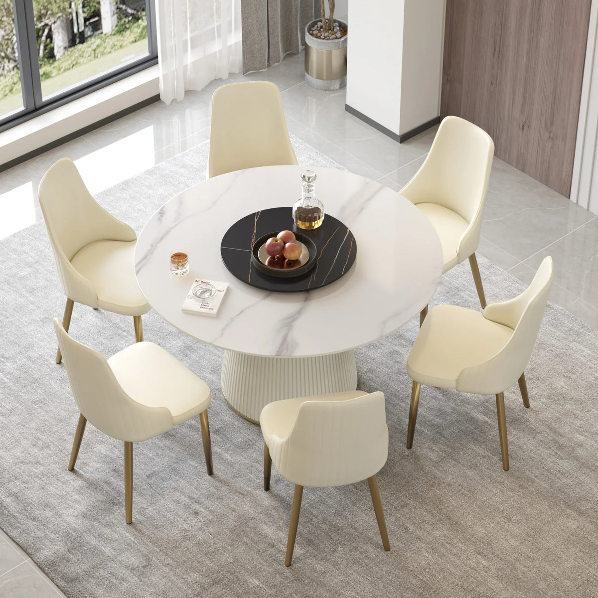 Marbella Sintered Stone Dining Table | 53" White Gloss Round With Lazy Susan Turntable