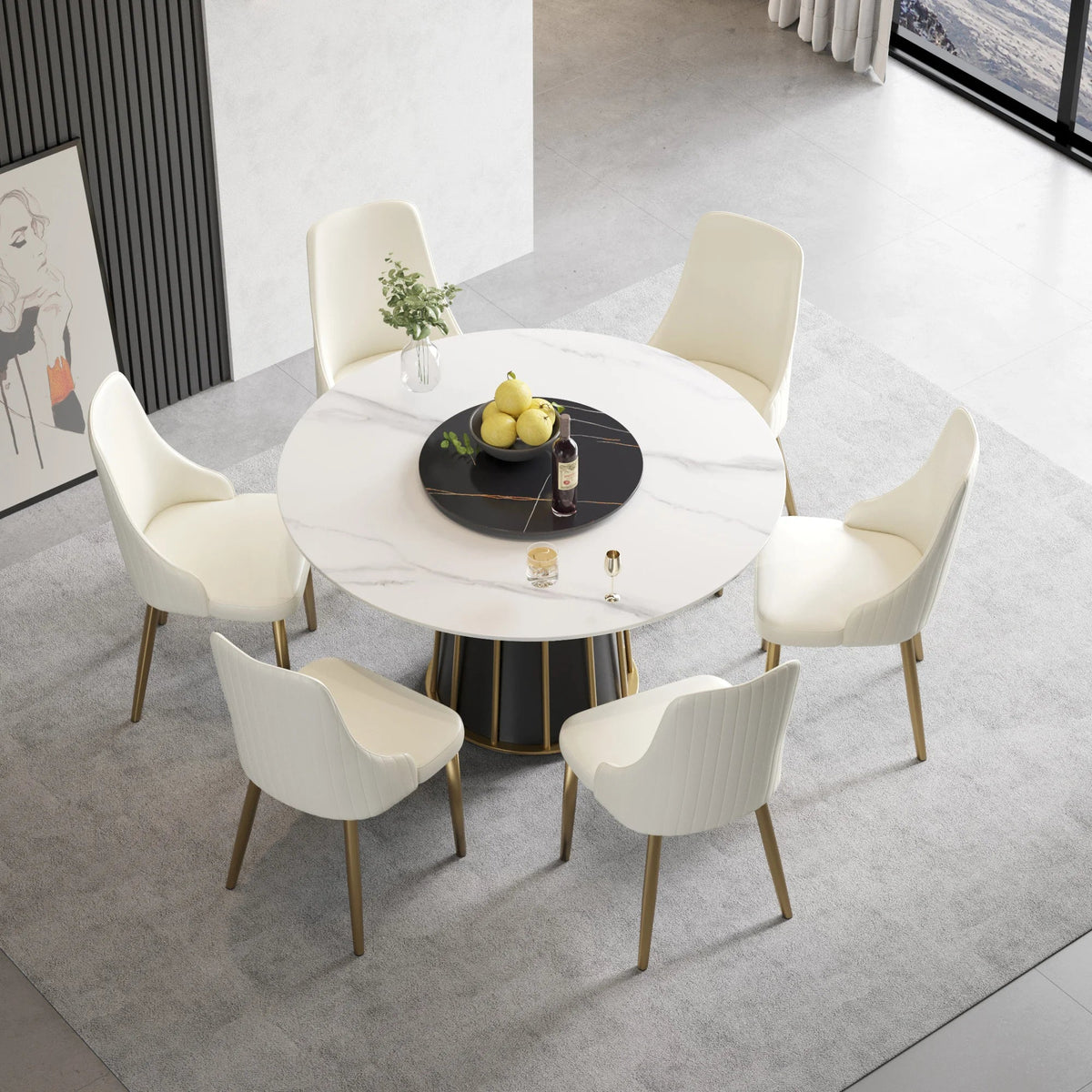 Marbella Sintered Stone Dining Table | 53" White Gloss Round With Lazy Susan Turntable