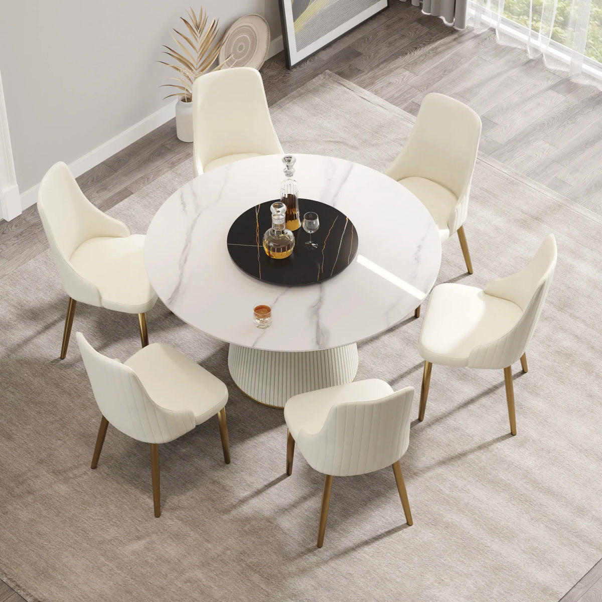 Marbella Sintered Stone Dining Table | 53" White Gloss Round With Lazy Susan Turntable