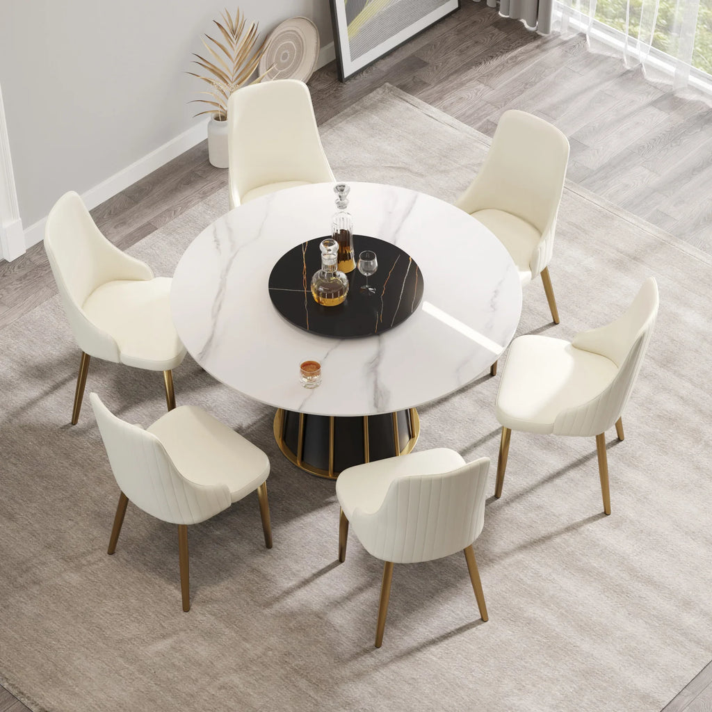 Marbella Sintered Stone Dining Table | 53" White Gloss Round With Lazy Susan Turntable