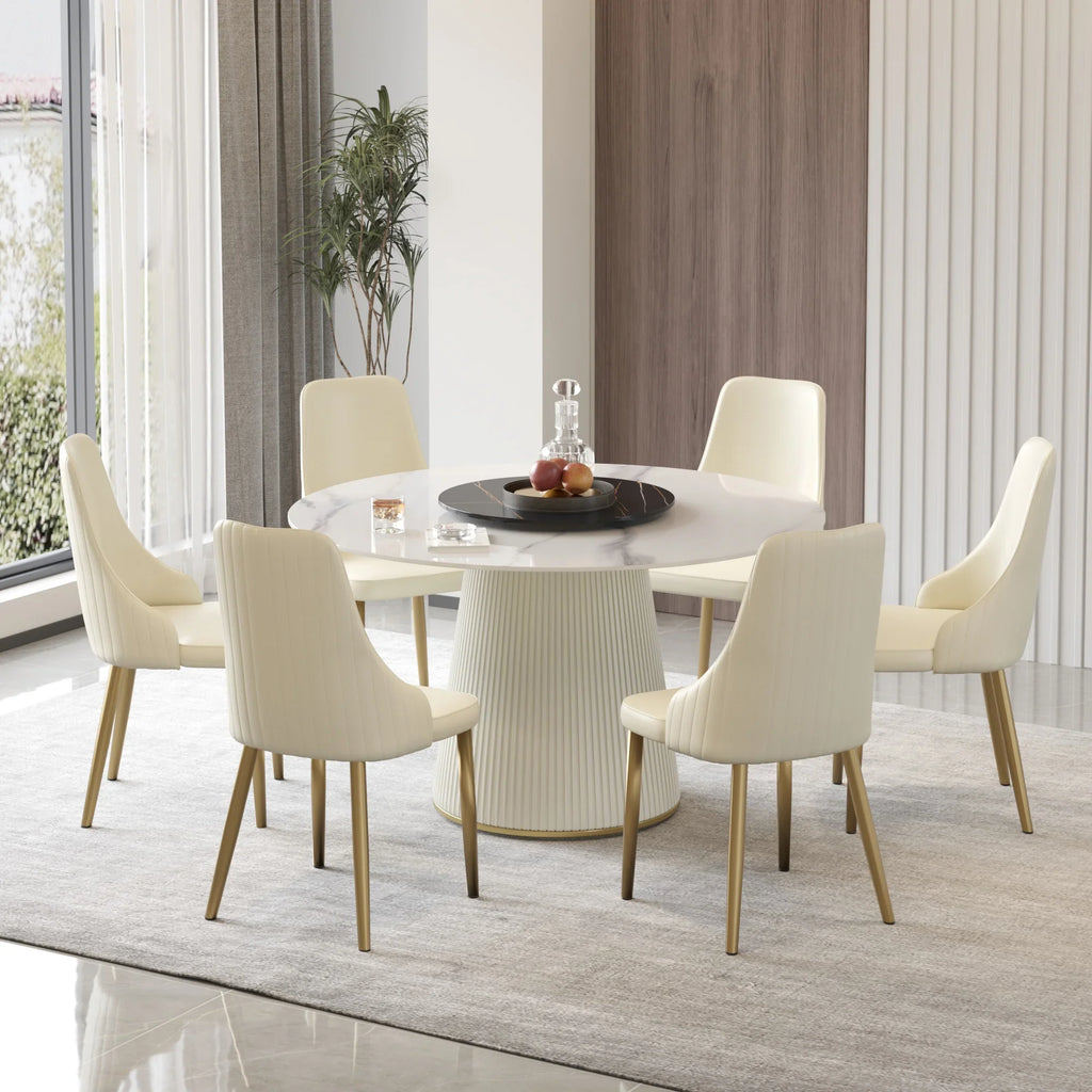 Marbella Sintered Stone Dining Table | 53" White Gloss Round With Lazy Susan Turntable