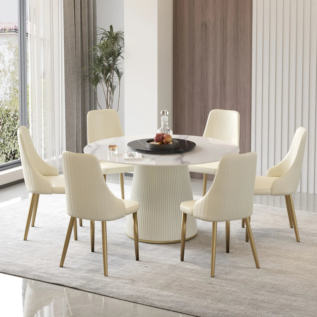Marbella Sintered Stone Dining Table | 53" White Gloss Round With Lazy Susan Turntable