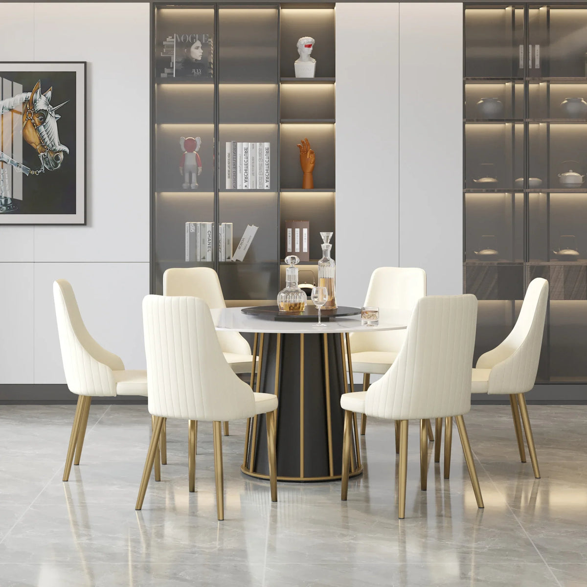 Marbella Sintered Stone Dining Table | 53" White Gloss Round With Lazy Susan Turntable