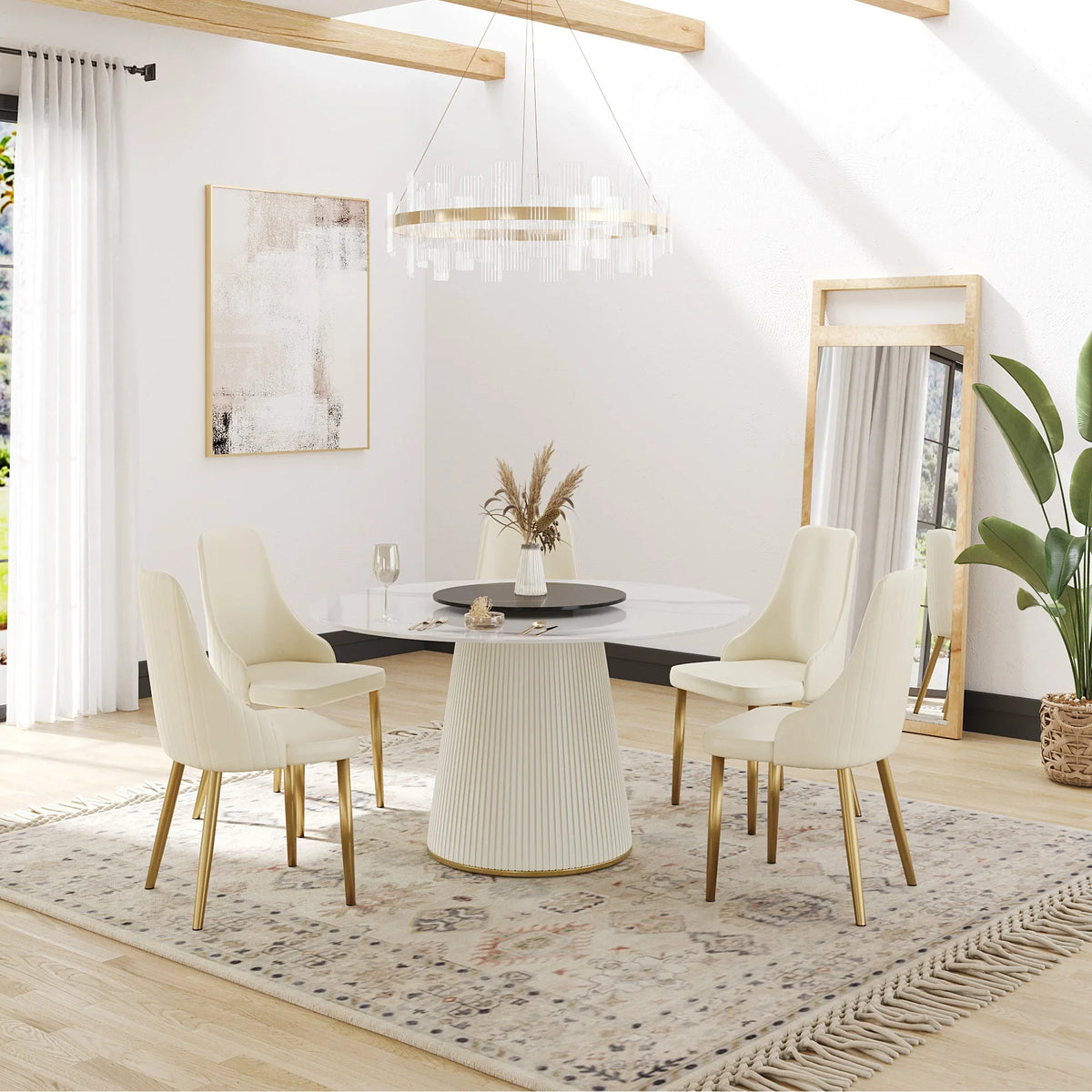 Marbella Sintered Stone Dining Table | 53" White Gloss Round With Lazy Susan Turntable