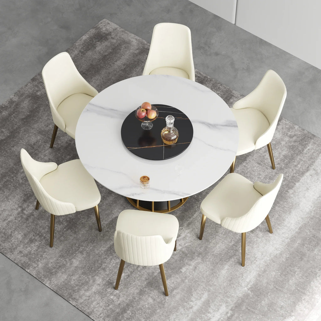 Marbella Sintered Stone Dining Table | 53" White Gloss Round With Lazy Susan Turntable