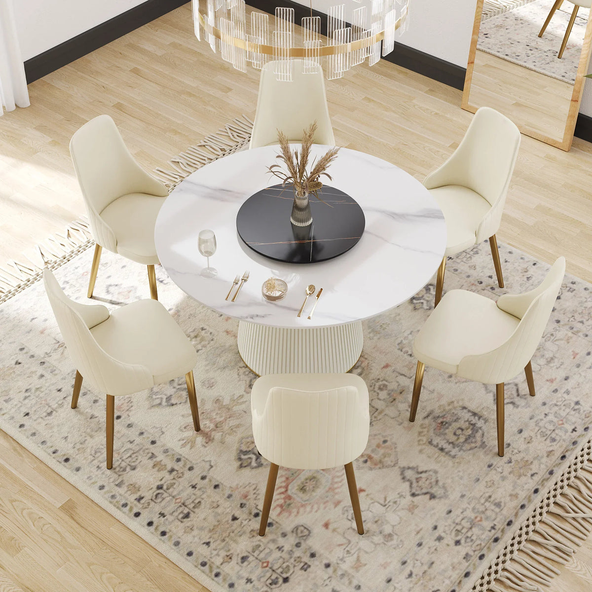 Marbella Sintered Stone Dining Table | 53" White Gloss Round With Lazy Susan Turntable