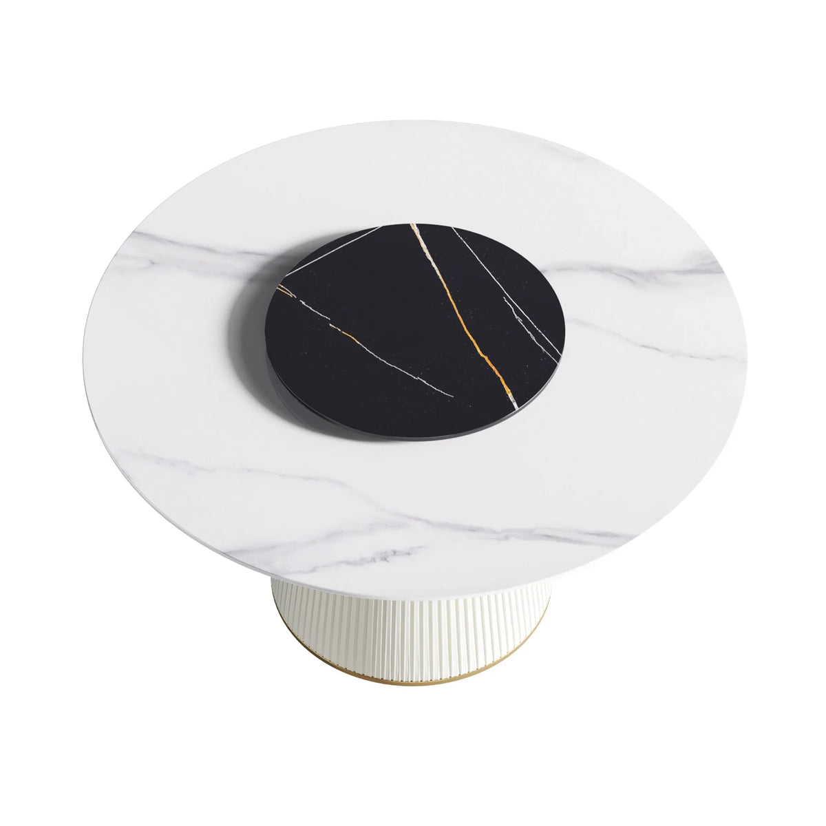 Marbella Sintered Stone Dining Table | 53" White Gloss Round With Lazy Susan Turntable