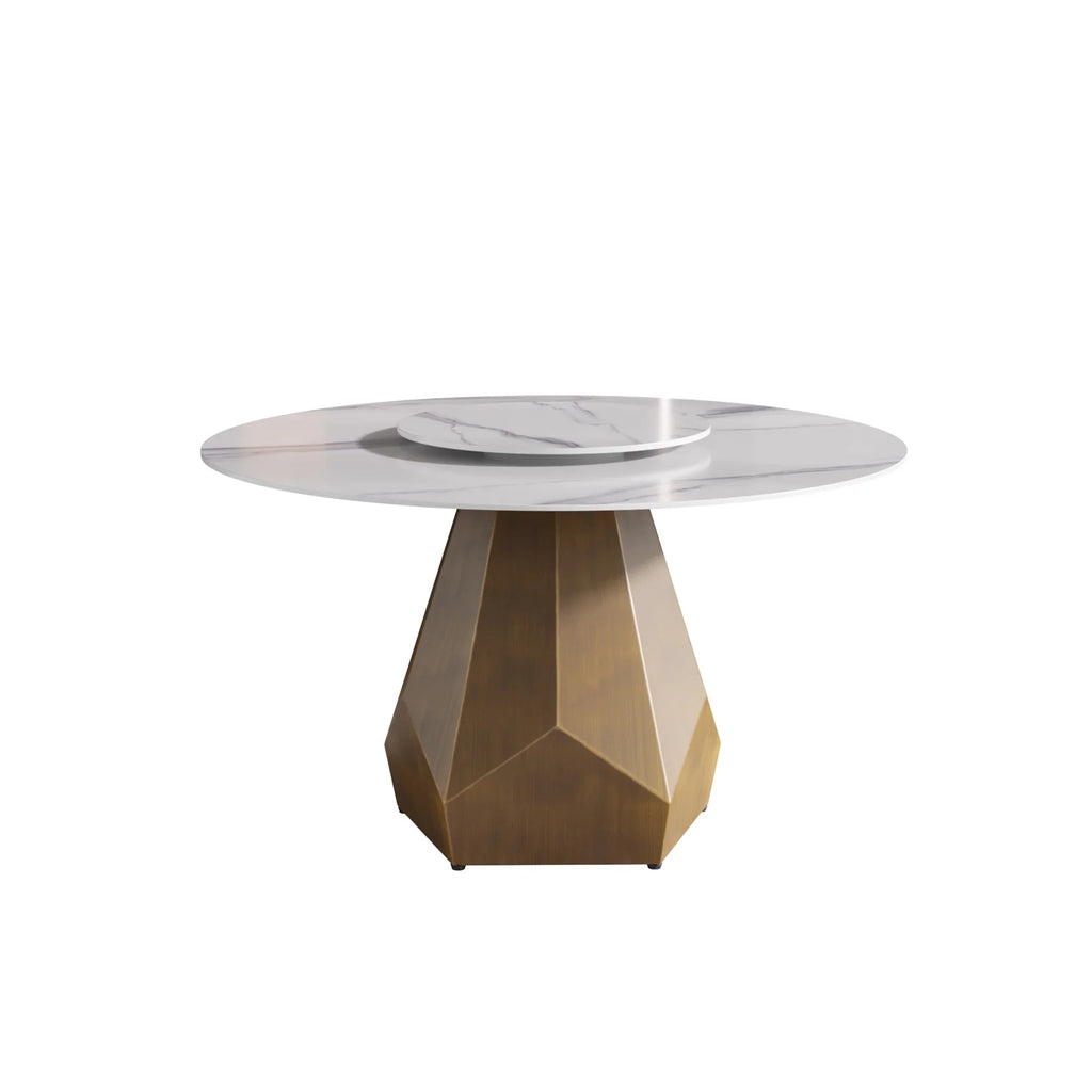 Marbella Sintered Stone Dining Table | 53" White Gloss Round With Lazy Susan Turntable