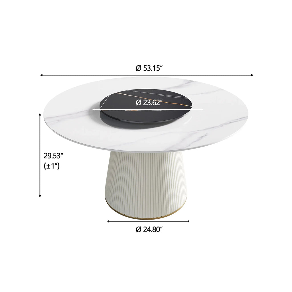 Marbella Sintered Stone Dining Table | 53" White Gloss Round With Lazy Susan Turntable