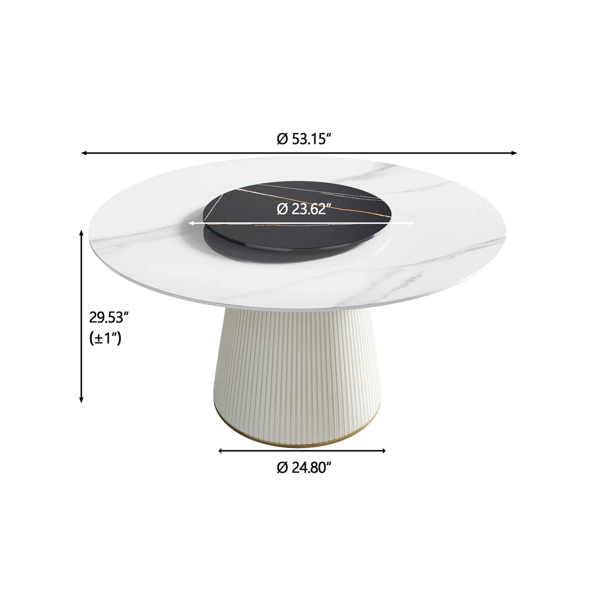 Marbella Sintered Stone Dining Table | 53" White Gloss Round With Lazy Susan Turntable