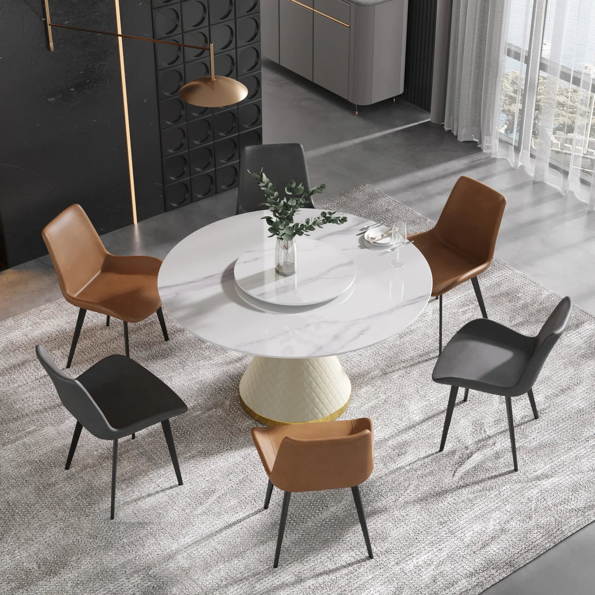 Marbella Sintered Stone Dining Table | 53" White Gloss Round With Lazy Susan Turntable