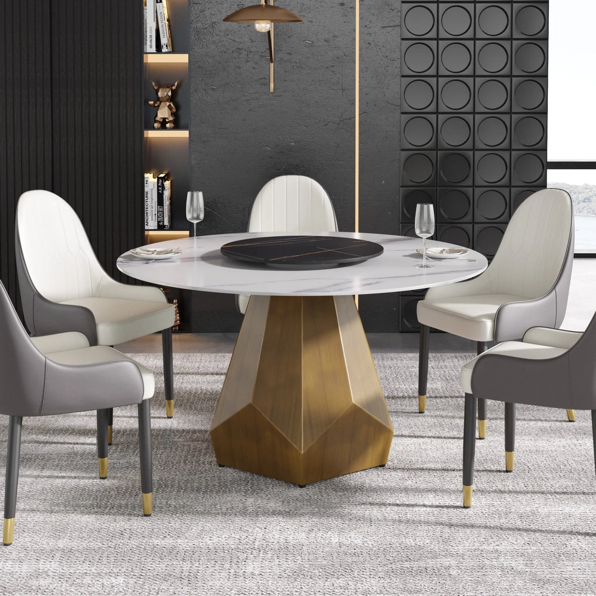 Marbella Sintered Stone Dining Table | 53" White Gloss Round With Lazy Susan Turntable