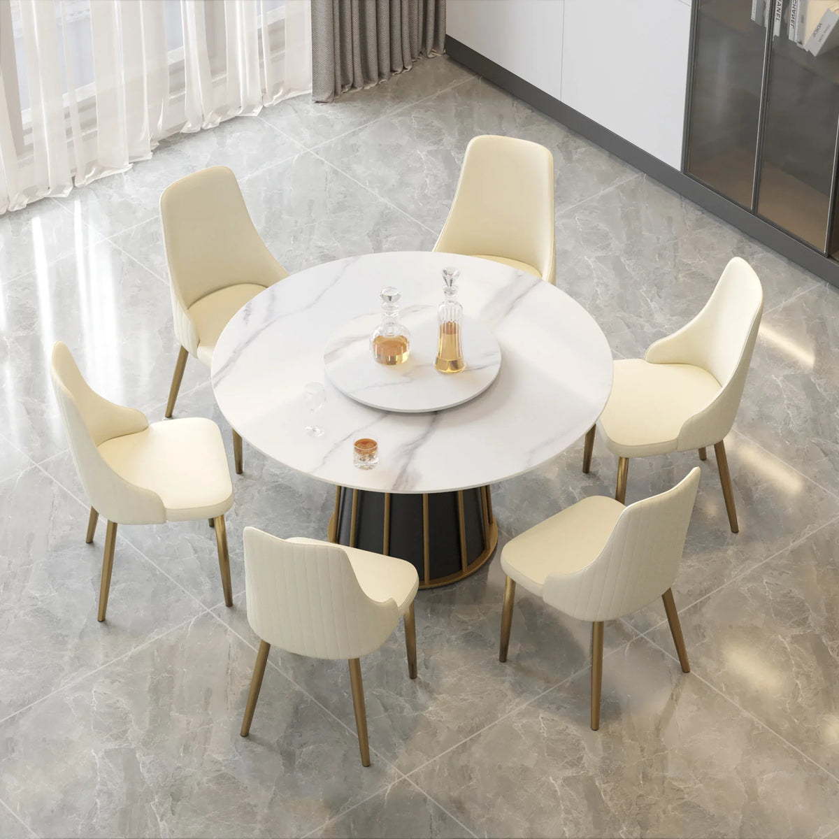 Marbella Sintered Stone Dining Table | 53" White Gloss Round With Lazy Susan Turntable