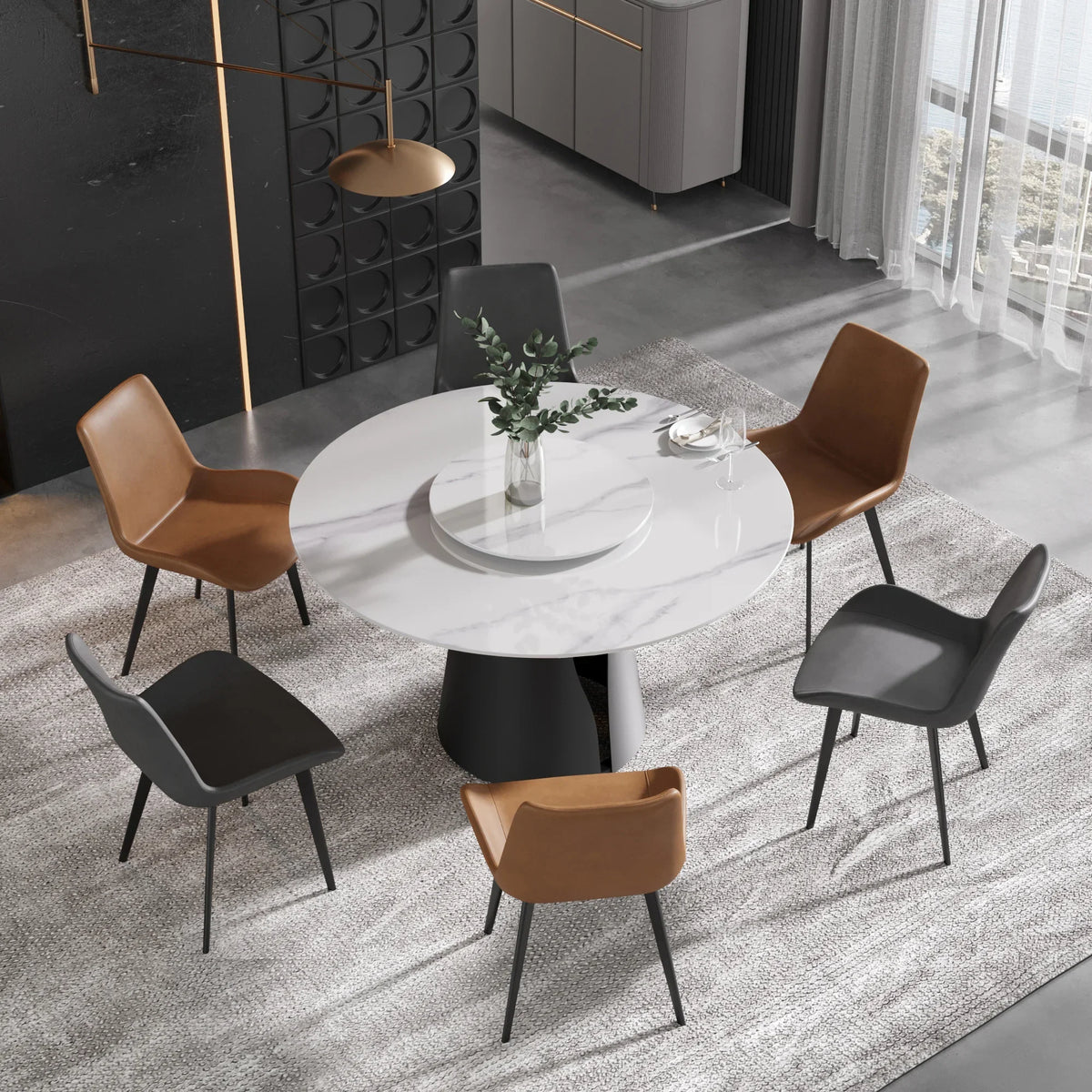 Marbella Sintered Stone Dining Table | 53" White Gloss Round With Lazy Susan Turntable