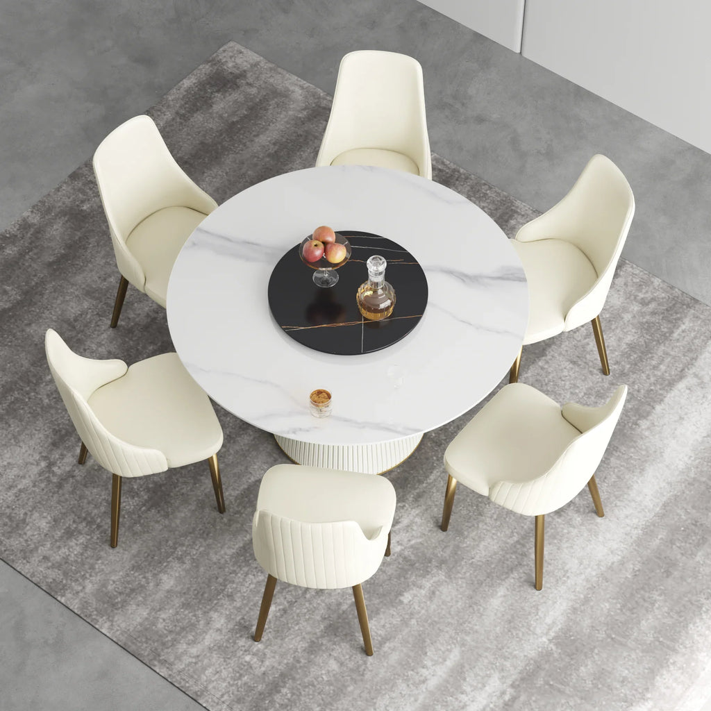 Marbella Sintered Stone Dining Table | 53" White Gloss Round With Lazy Susan Turntable