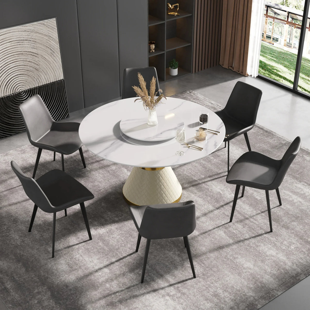 Marbella Sintered Stone Dining Table | 53" White Gloss Round With Lazy Susan Turntable